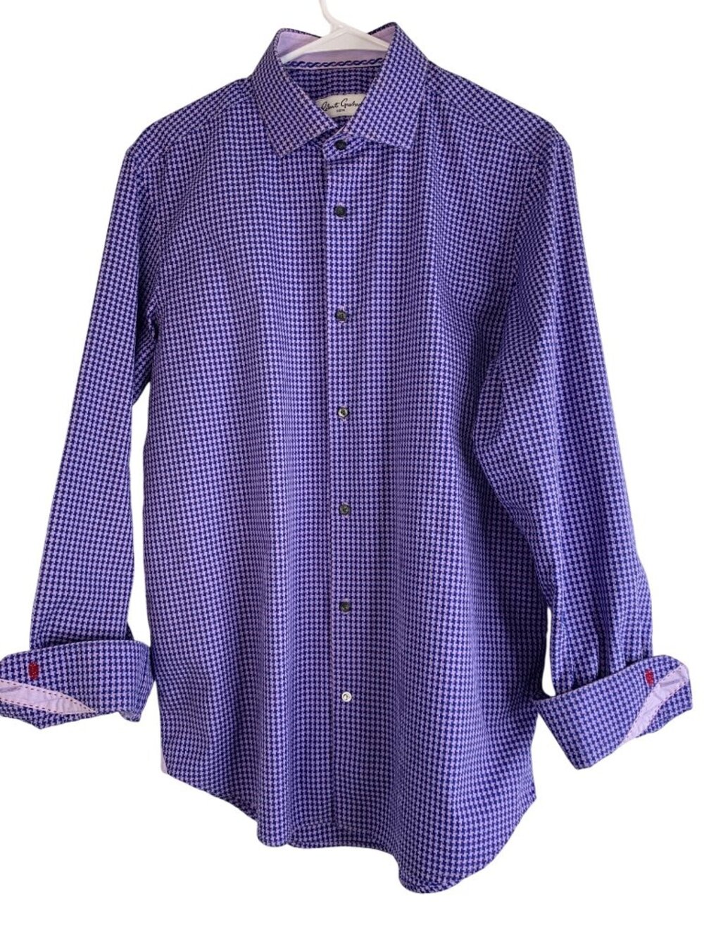 Robert Graham Mens Purple Houndstooth Check Flip Cuff Shirt Size 16 Cotton  EUC